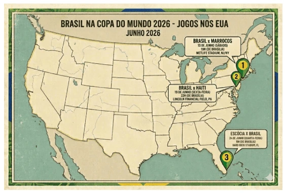 Mapa ilustrativo dos Estados Unidos em tons pastéis mostrando a localização geográfica dos jogos da seleção brasileira de futebol na primeira fase do torneio mundial de 2026.